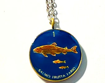 Pendant or Keychain Slovenia coin,  1 Tolar , brown trout 21mm.