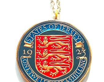 Pendant 1923 British Crown dependencies Jersey coin , One -Twelfth Shilling - George V , Shield , 31mm.