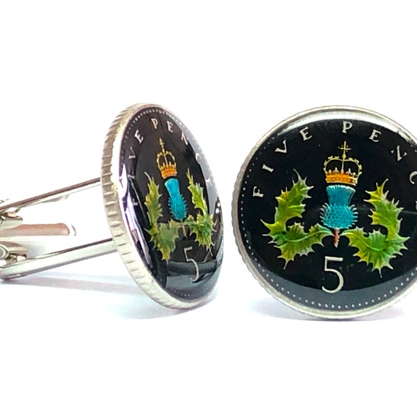 UK coin cufflinks NEW 5 pence Crowned Scottish Thistle design 18mm 1990 1991 1992 1995 1996 1997 1998 2000 2001 2003 2004 2005 2006 2007