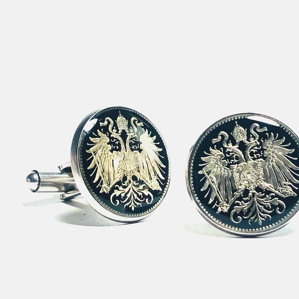 1915 or  1916  pair of Austria Empire old coin cufflinks ÖSTERREICH   Austrian shield on eagle's breast 10 Heller .18mm.