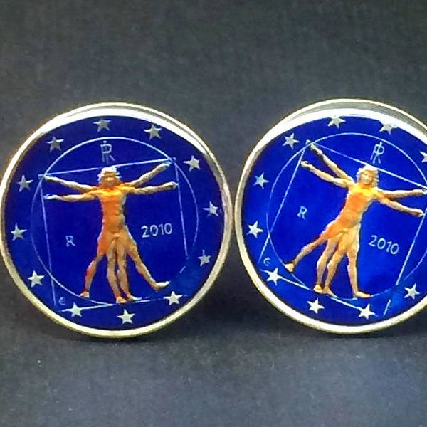 Italy coin cufflinks,  EURO dollar The Vitruvian Man, by Leonardo da Vinci  , 23mm.