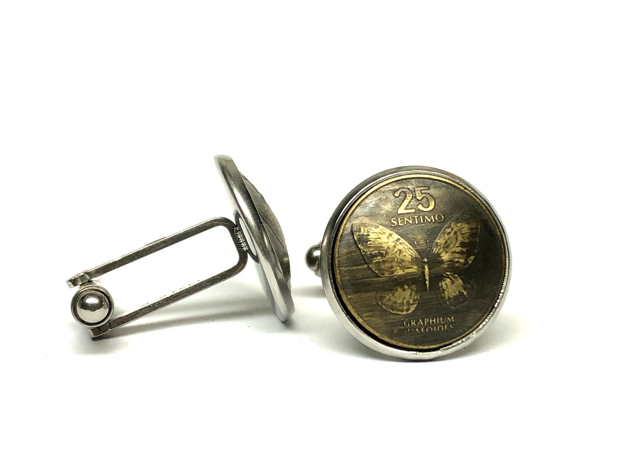 Philippines enamelled coin cufflinks butterfly 25 sentimos cuffs Philippines enamelled coin cufflinks butterfly 25 sentimos cuffs