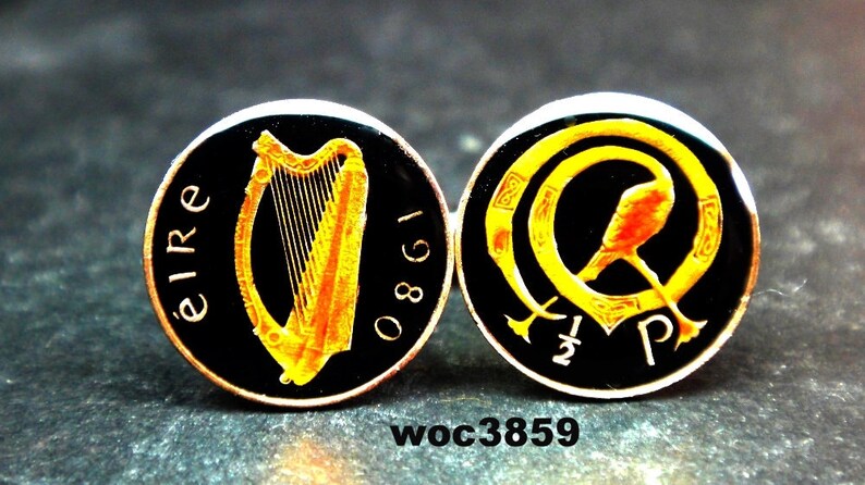 Ireland coin cufflinks 12 penny harp and stylized bird 1971 1975 1976 1978 1980 1982 17mm