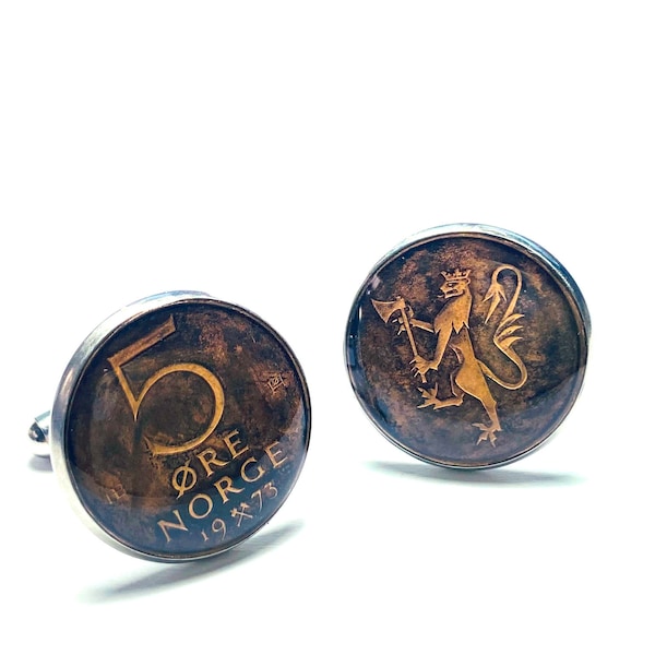 Norway coin cufflinks 5 ORE   Den norske løve (The Norwegian Lion)  18mm 1973 1974 1975 1976 1977 1978 1979 1980