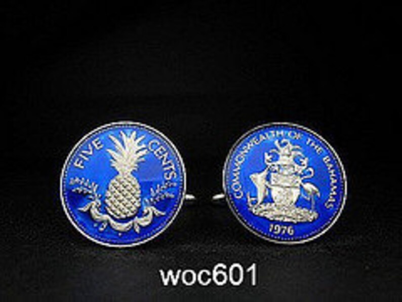 Bahamas Island coin cufflinks 5 cents black blue 21mm 1966 1969 1970 1971 1973 1974 1975 1981 1984 1987 1998 2000 2004 2005