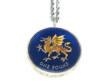 Pendant UK Great British coin pound Welsh Dragon 23mm, 1995 2000 bunc , proof.