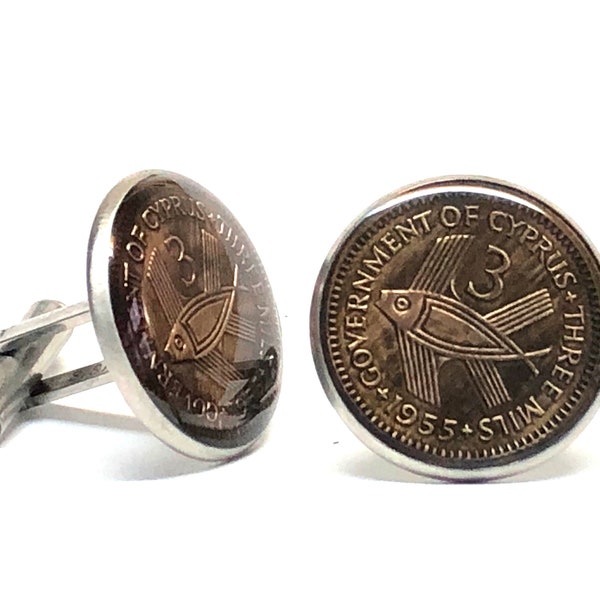 1955 Cyprus coin cufflinks 3 mils art flying fish 18mm