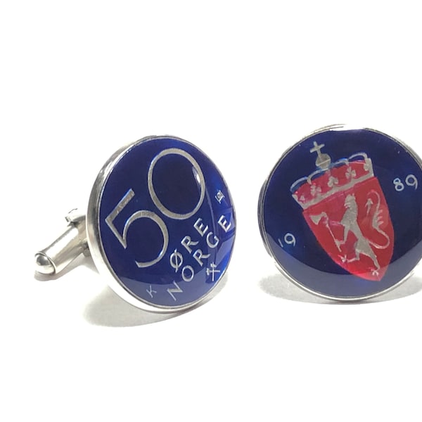 Norway coin cufflinks  50  ORE 20mm 1974 1975 1976 1978 1979 1982 1983 1984 1985 1986 1988 1989