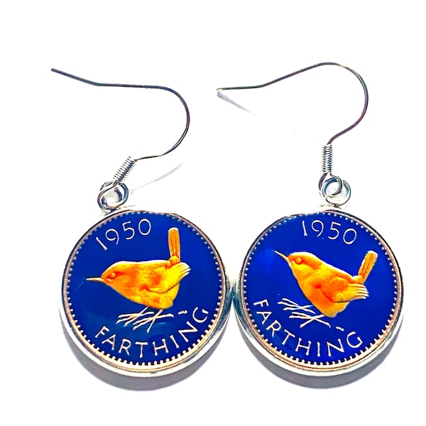 19mm  Earrings UK coin  farthing wren 1952 1937 1938 1939 1940 1941 1942 1943 1944 1945 1946 1947 1948 1949 1950 1951 1953 1954 1955 1956