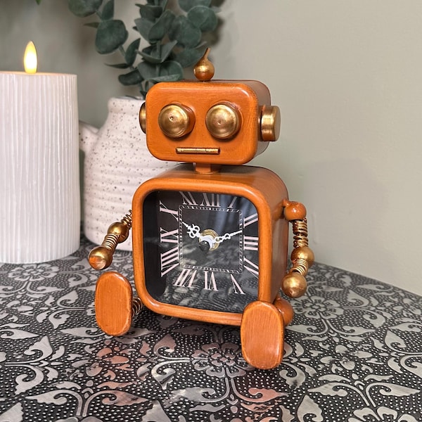 Retro Robot Desk Clock – Orange Metal Robot Clock, Quirky Home Décor Gift