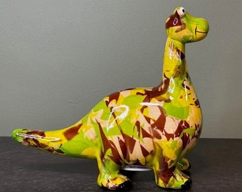 Ceramic Dinosaur Piggy Bank Moneybox | Decoupage Camouflage | Green & Brown