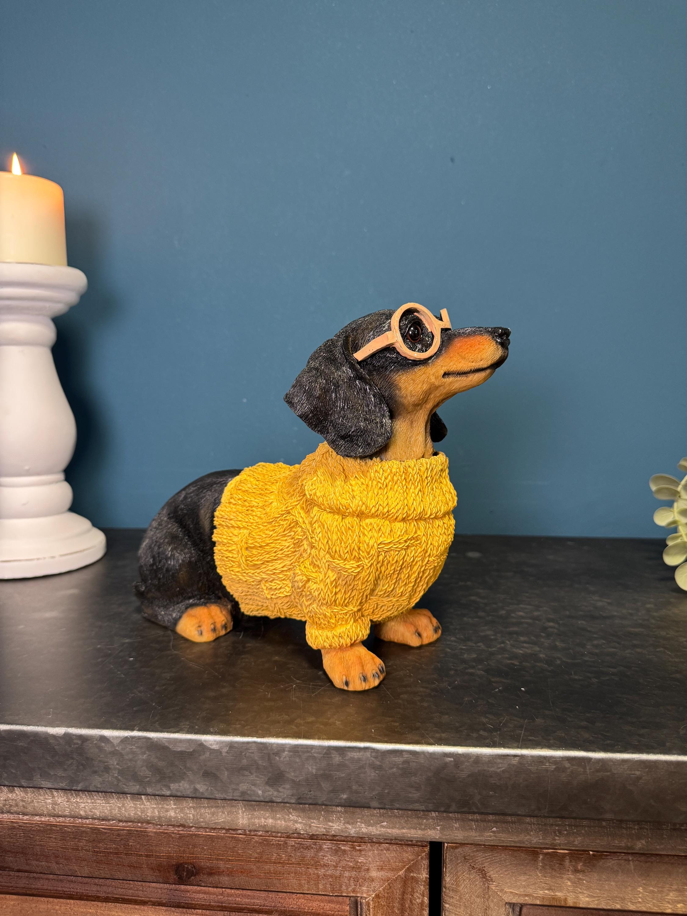 Sausage Dog in Sweater Figurine – Resin Dachshund Fashionista With