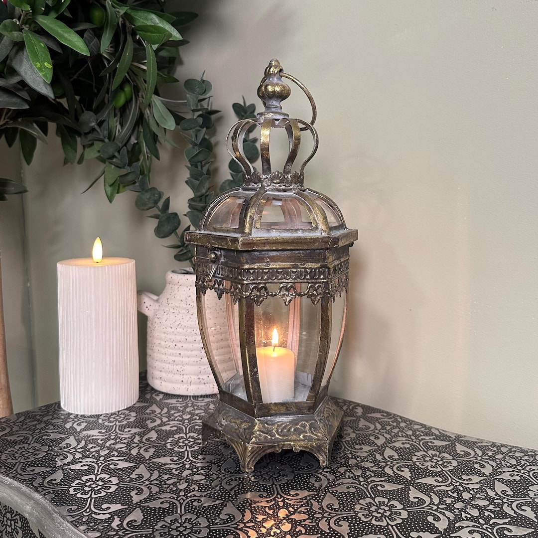 Antique Crown Lantern – Ornate Metal & Glass Candle Holder - for Use ...