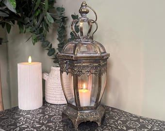 Antique Crown Lantern – Ornate Metal & Glass Candle Holder - For Use with LED Candles