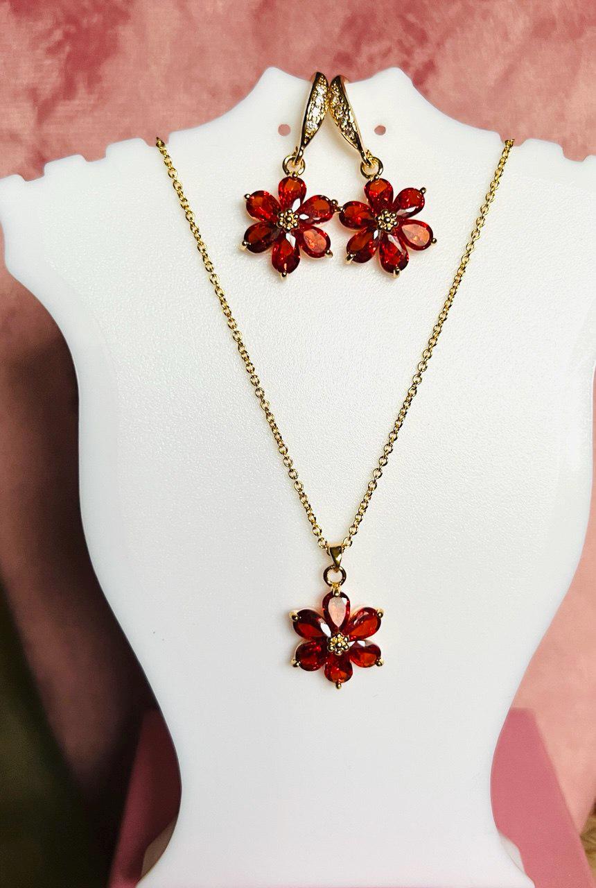 Red Cubic Zirconia Flower Jewelry Set - 18K Gold-Plated Brass Pendant & Earrings, Sakura Blossom Gift