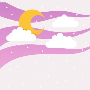 May include: A crescent moon with a yellow glow and white stars against a pink and white wavy background with white clouds.