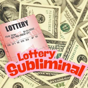 May include: A pink lottery ticket with the word "LOTTERY" printed on it, along with numbers and a date, sits atop a pile of US one hundred dollar bills. The words "Lottery Subliminal" are overlaid on the image.