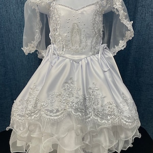 Virgen de Guadalupe Baptism Dress, Christening Gown, Baby Girl White Dress, vestido Bautizo con virgen de Guadalupe