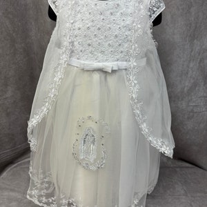 Virgen de Guadalupe Baptism Dress, Christening Gown, Baby Girl ivory Dress, vestido Bautizo con virgen de Guadalupe silver with a cape pearl