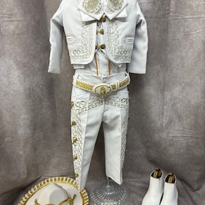 Traje Charro Virgem Maria branco / detalhes dourados Traje Charro para menino Traje de charro Batismo Traje Charro frete grátis