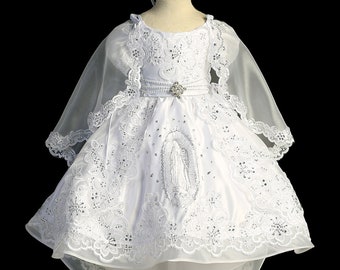 Neuf avec étiquette Vierge Marie Broderie Robe de baptême pour bébé/enfant en bas âge Baptême PLUSIEURS TAILLES DISPONIBLES