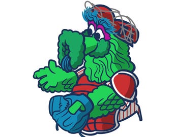 May include: A green cartoon mascot wearing a red and white baseball uniform, a catcher's mask, and a blue glove. The mascot has a large green bushy beard and a red hat with a white brim.