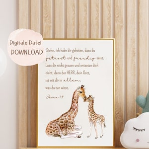 Christliche Wandbilder, Kinderzimmer, Poster, Tiere, Geschenk Geburt, Poster Baby, Giraffe, Josua 1,9, Bibelvers, Bibel, Baby