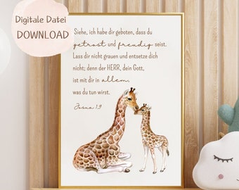Christian murals, children's room, posters, animals, birth gift, baby poster, giraffe, Joshua 1:9, Bible verse, Bible, baby