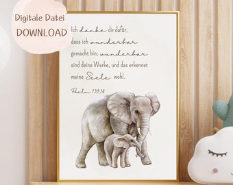 Christian murals, children's room, posters, animals, birth gift, baby poster, elephant, Psalm 139 14, Bible verse, Bible, baby