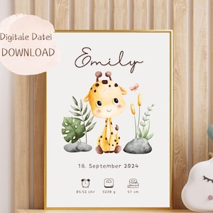 Picture children&#39;s room giraffe personalized with name and date of birth, gift for birth, boy, girl, poster baby birth, jungle