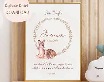 Gift for baptism, poster, baptism, deer, gift, baby, birth, godfather, godchild, beige, brown, wreath, PERSONALIZED with name, DIGITAL