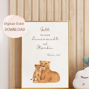 Picture children&#39;s room, Christian, lion, gift for birth, poster baby birth, God is our confidence and strength, Christian gift