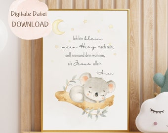 Picture children's room, Christian, koala, gift for birth, poster baby birth, good night, Christian gift, prayer, I am small