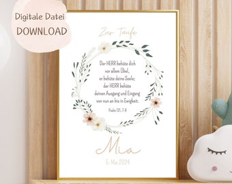 Gift for baptism, Christian, poster, baptism, gift, godfather, godchild, birth, flowers, wreath, PERSONALIZED, girl