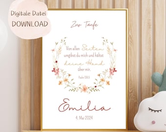 Gift for baptism, poster, baptism, girl gift, baby, birth, godfather, godchild, beige, flower wreath, PERSONALIZED with name