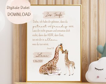 Gift for baptism, poster, baptism, giraffe, gift, baby, birth, godfather, godchild, beige, brown, PERSONALIZED with name, DIGITAL