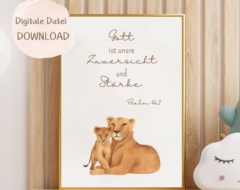 Picture children's room, Christian, lion, gift for birth, poster baby birth, God is our confidence and strength, Christian gift