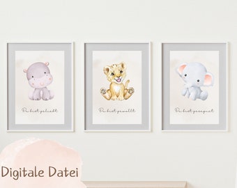Christian wall pictures children's room poster set of 3 animals, gift for birth, boys and girls, poster baby birth, hippo, lion, elephant