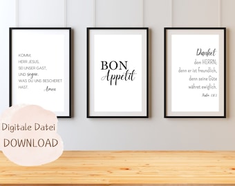 Set of 3, Come Lord Jesus be our guest, dining room, kitchen, Bible verse, grace before meals, table, food, Christian poster, biblical quote, wall