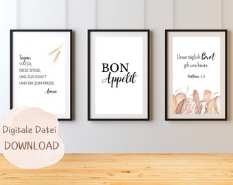 Set of 3, Bless Father this food, dining room, kitchen, Bible verse, table prayer, Christian poster, biblical quote, our daily bread