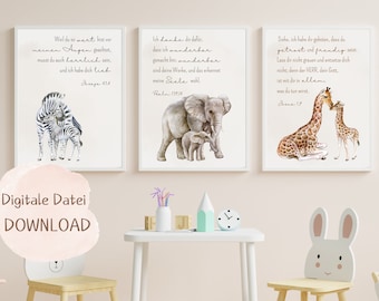 Christian murals, children's room, posters, animals, birth gift, baby poster, zebra, elephant, giraffe