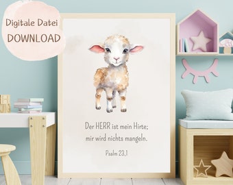 Christian murals, children's room, posters, animals, birth gift, baby poster, sheep, The Lord is my shepherd, Psalm 123