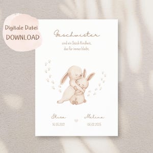 Geschwister, Schwestern, Geschenk zur Geburt, Plakat, Taufe, Hase, Hässchen, Geschenk, Baby, Geburt, Beige, Rosa, PERSONALISIERT, DIGITAL