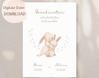Siblings, sisters, birth gift, poster, baptism, rabbit, bunny, gift, baby, birth, beige, pink, PERSONALIZED, DIGITAL