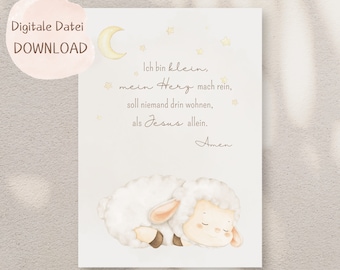 Picture children's room, Christian, sheep, gift for birth, poster baby birth, good night, Christian gift, prayer, I am small