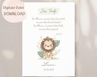 Christening gift, boy, poster, baptism, gift, baby, birth, godparent, godchild, lion, jungle, eucalyptus, PERSONALIZED with name