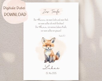 Gift for baptism, boy, poster, baptism, gift, baby, birth, godparent, godchild, fox, Christian, PERSONALIZED with name