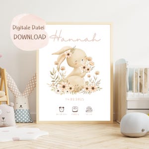 Bild Kinderzimmer Hase mit Namen und Geburtsdaten personalisiert, Geschenk zur Geburt, Mädchen,  Poster Baby Geburt, Beige Rosa