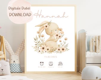 Picture children's room rabbit with name and date of birth personalized, gift for birth, girl, poster baby birth, beige pink