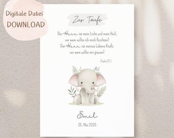 Gift for baptism, boy, girl, poster, christening, gift, baby, birth, godparent, godchild, elephant, PERSONALIZED with name